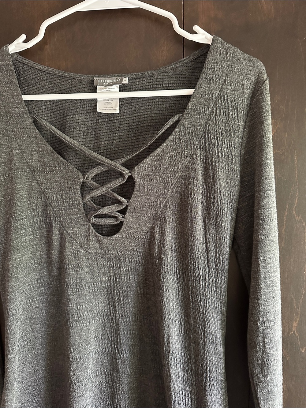 EARTHBOUND Charcoal Gray Lace-Up V-Neck Long Sleeve Top - Picture 3 of 6